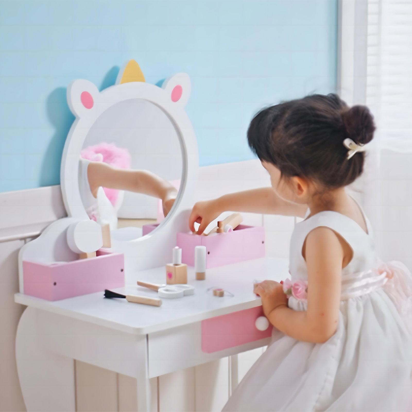 Toucador infantil com banco e espelho toucador de maquilhagem com gaveta compartimentos desenho de unicórnio branco