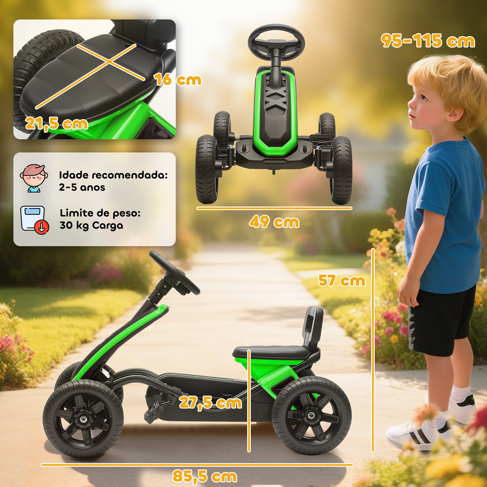 Kart pedais kart com rodas antiderrapantes de eva estrutura metálica carga 30 kg para crianças de 2-5 anos 85,5x49x57 cm verde