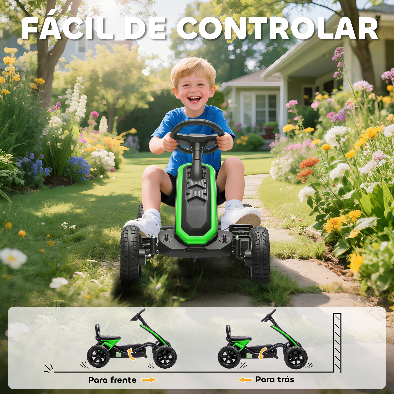 Kart pedais kart com rodas antiderrapantes de eva estrutura metálica carga 30 kg para crianças de 2-5 anos 85,5x49x57 cm verde