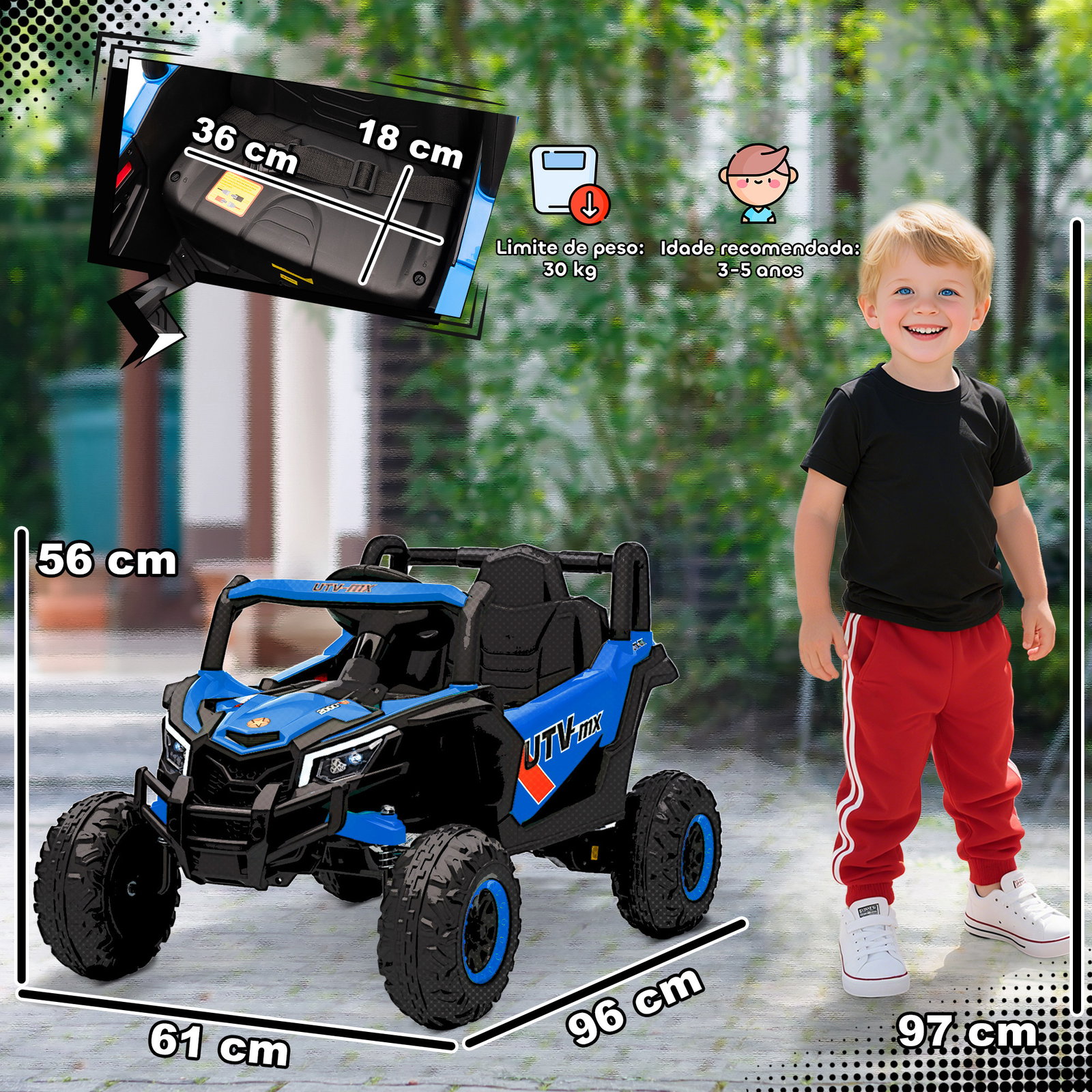 Carro elétrico para crianças 12v com 2 motores controlo remoto 2,4g velocidade até 7 km/h e USB 96x61x56 cm azul