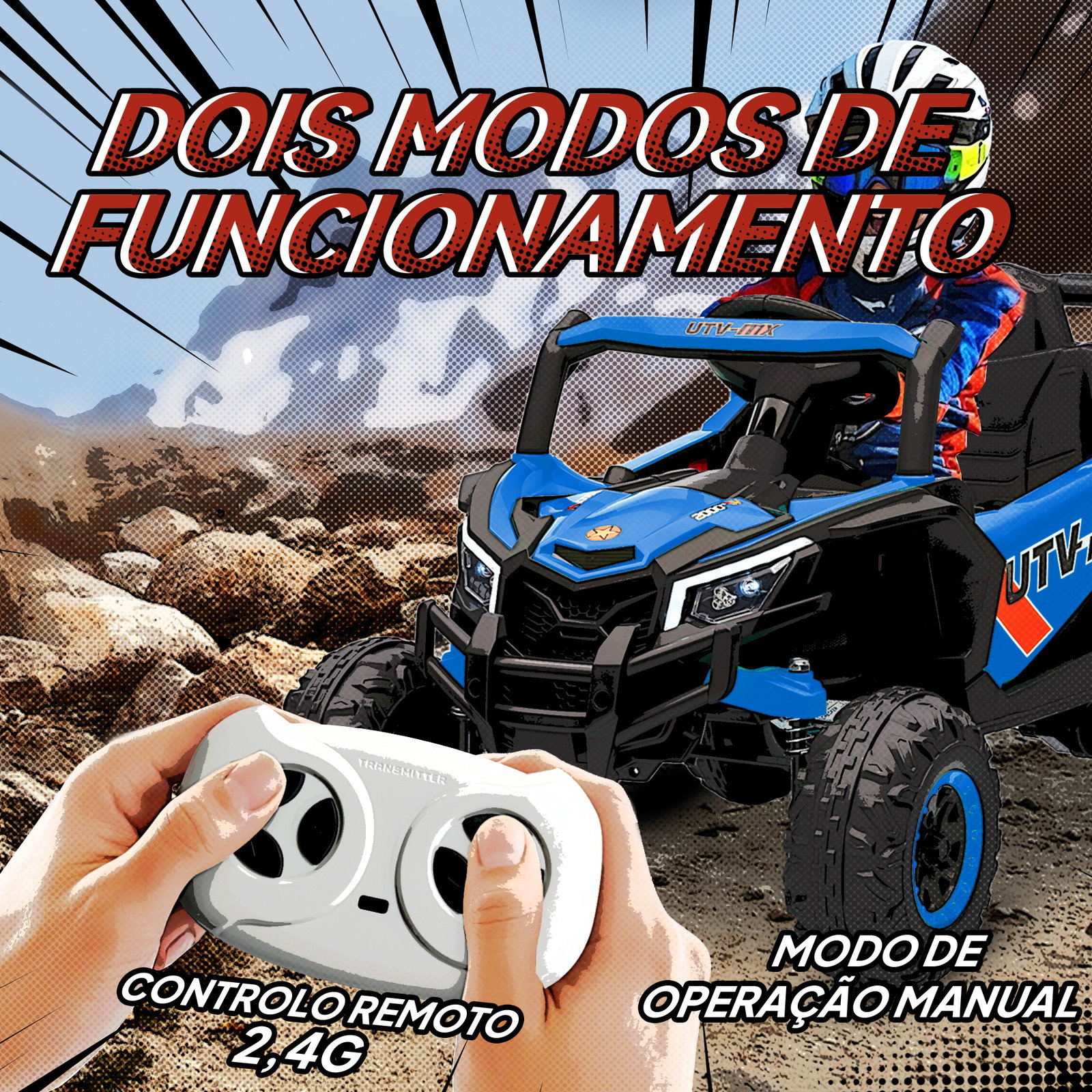 Carro elétrico para crianças 12v com 2 motores controlo remoto 2,4g velocidade até 7 km/h e USB 96x61x56 cm azul