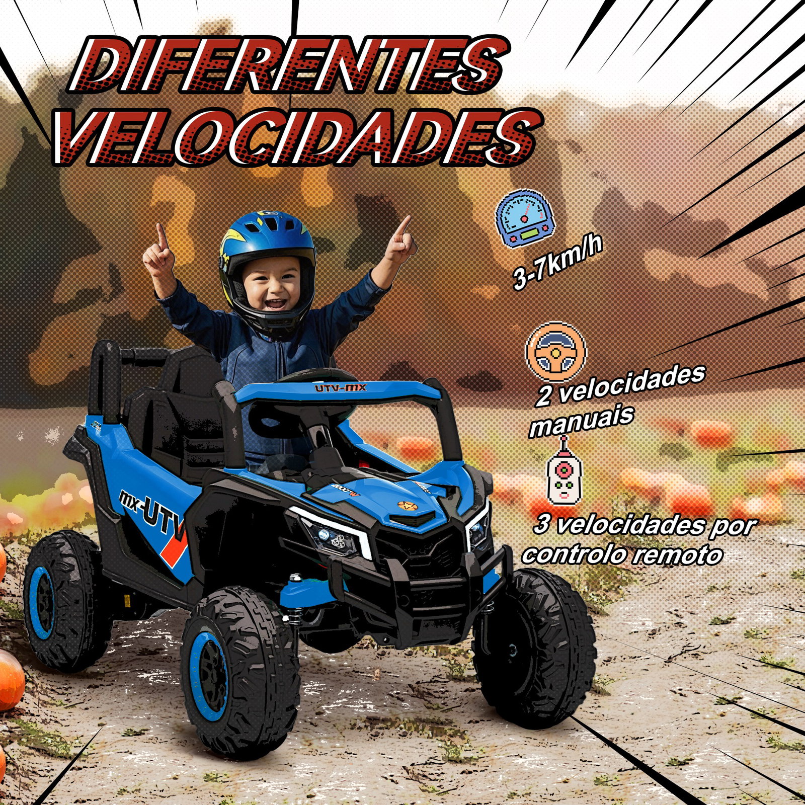 Carro elétrico para crianças 12v com 2 motores controlo remoto 2,4g velocidade até 7 km/h e USB 96x61x56 cm azul