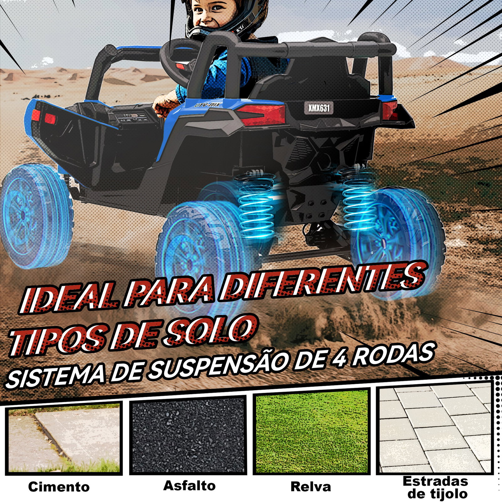 Carro elétrico para crianças 12v com 2 motores controlo remoto 2,4g velocidade até 7 km/h e USB 96x61x56 cm azul