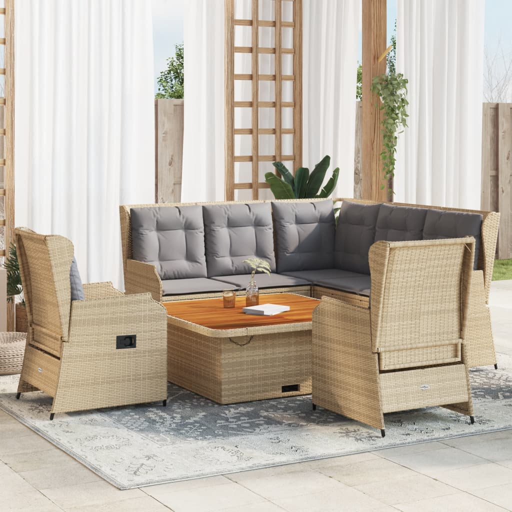 6 Pcs conjunto lounge p/ jardim com almofadões vime PE bege