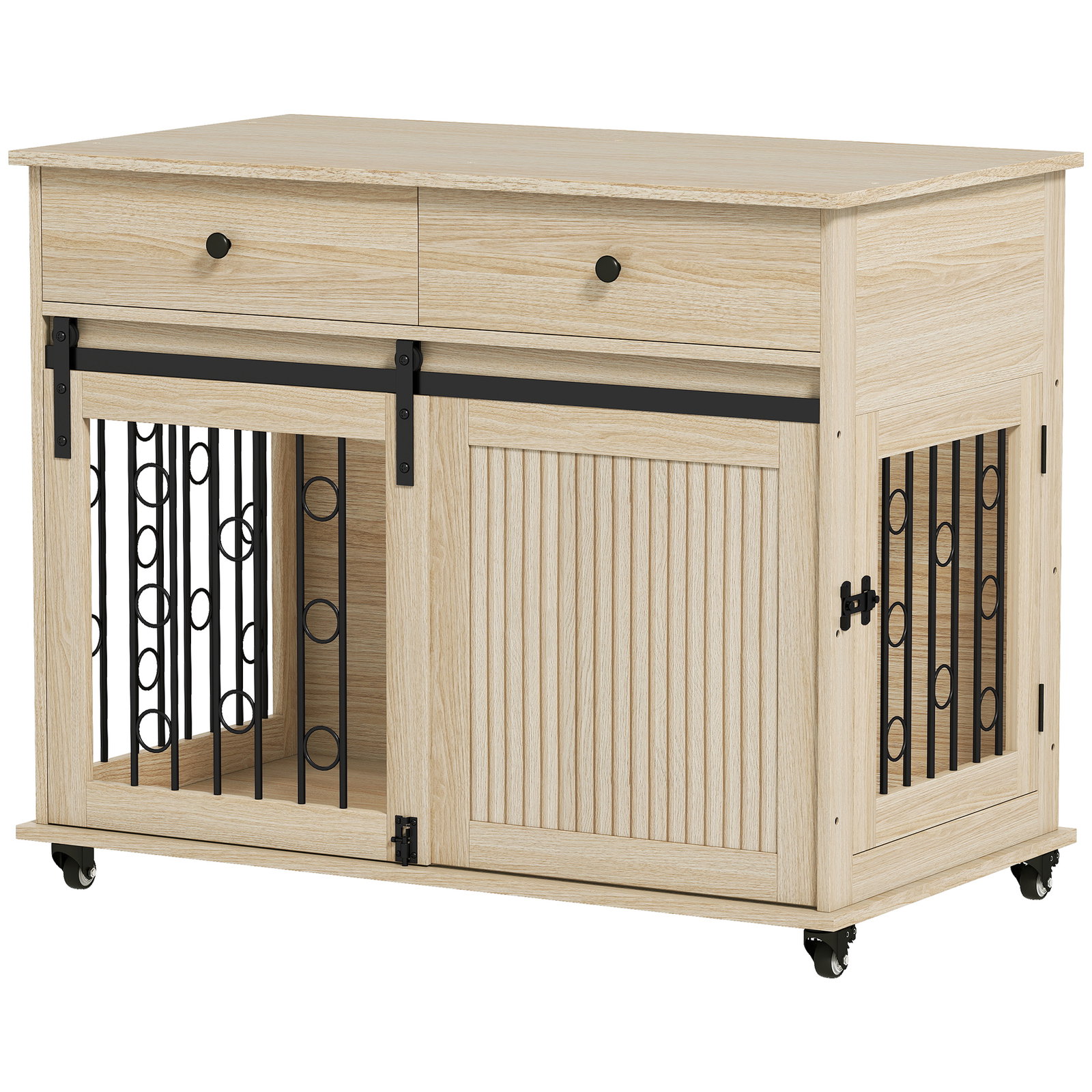 Gaiola para cães médios e grandes mesa de apoio moderna com 2 gavetas 2 portas e fecho 100x56x81 cm carvalho