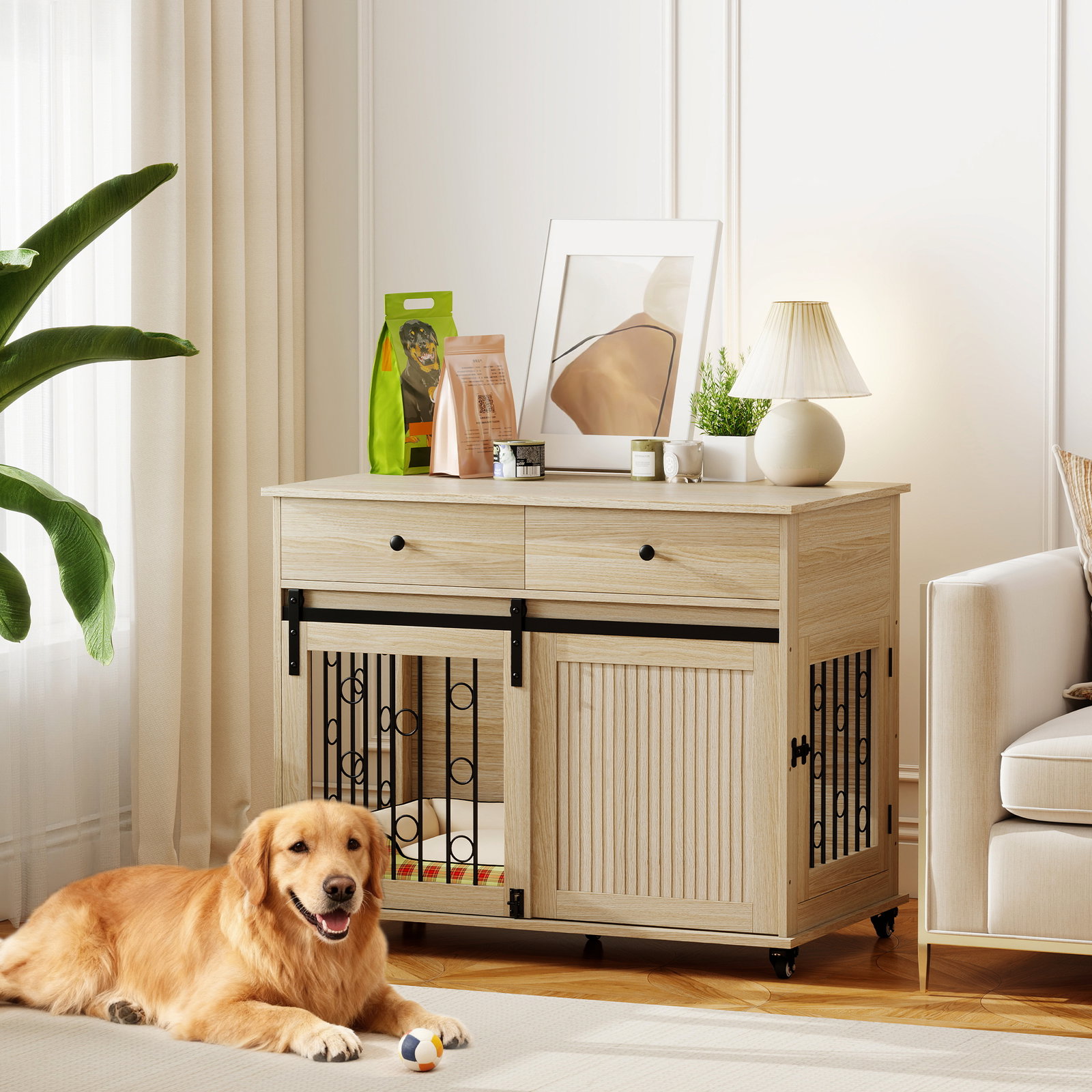 Gaiola para cães médios e grandes mesa de apoio moderna com 2 gavetas 2 portas e fecho 100x56x81 cm carvalho