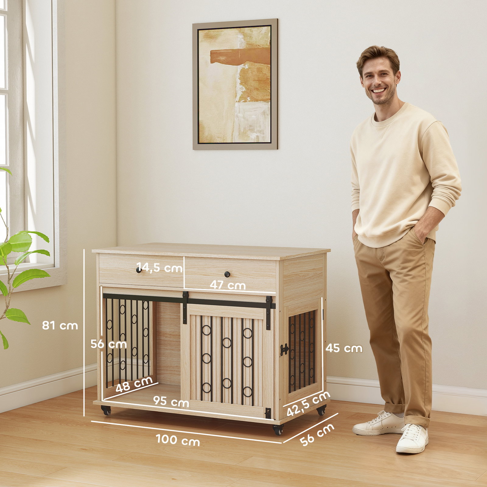 Gaiola para cães médios e grandes mesa de apoio moderna com 2 gavetas 2 portas e fecho 100x56x81 cm carvalho