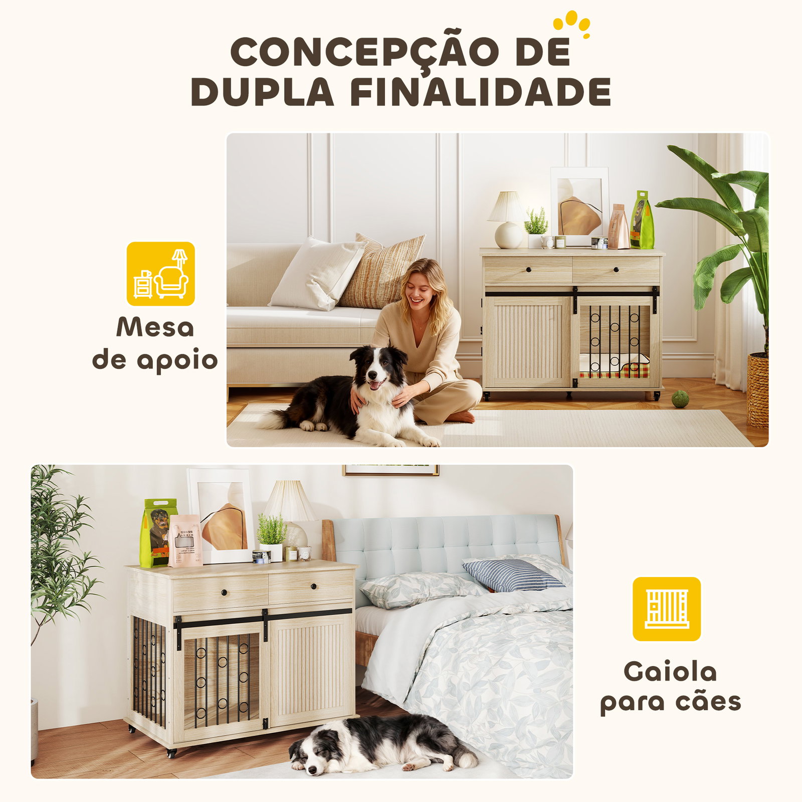 Gaiola para cães médios e grandes mesa de apoio moderna com 2 gavetas 2 portas e fecho 100x56x81 cm carvalho