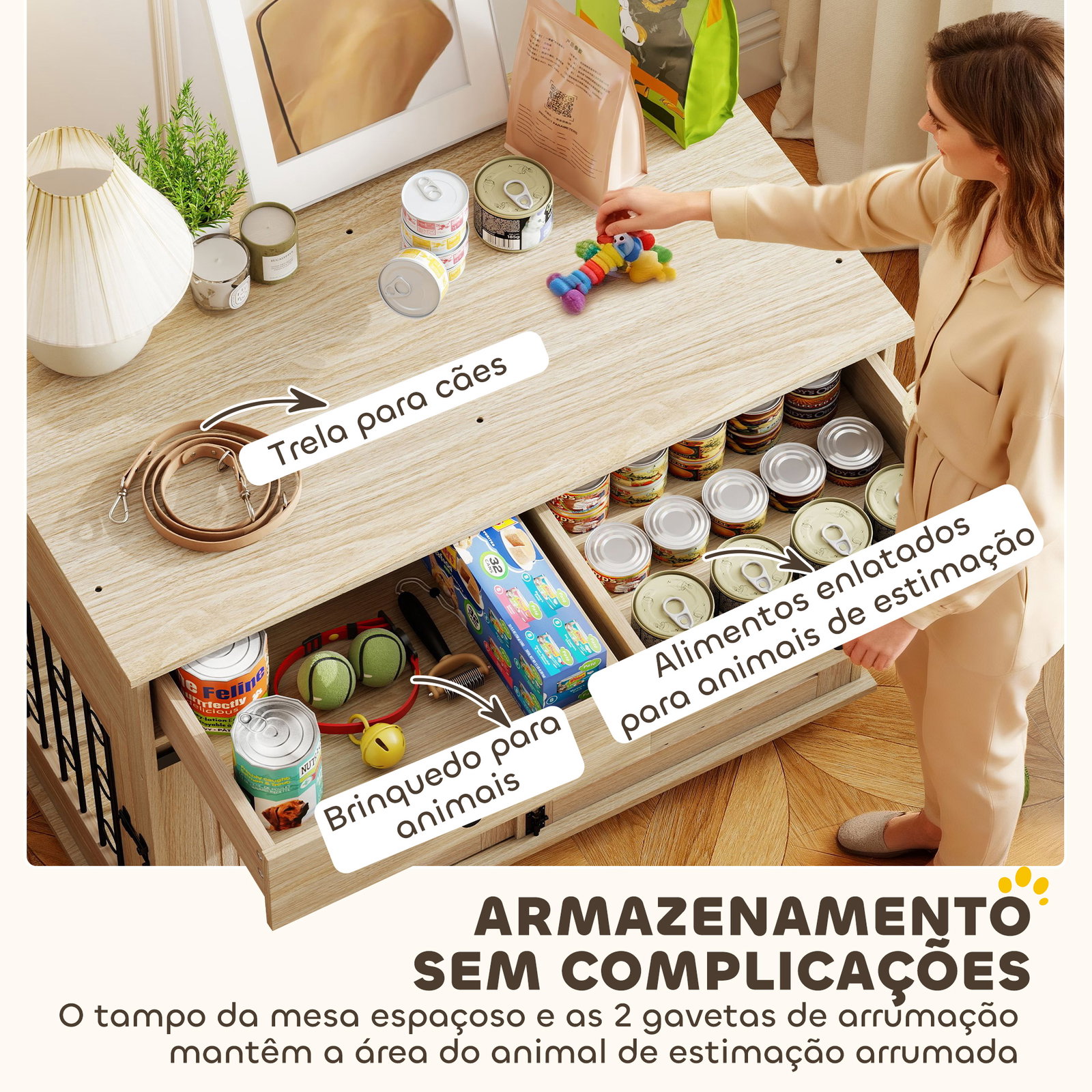 Gaiola para cães médios e grandes mesa de apoio moderna com 2 gavetas 2 portas e fecho 100x56x81 cm carvalho