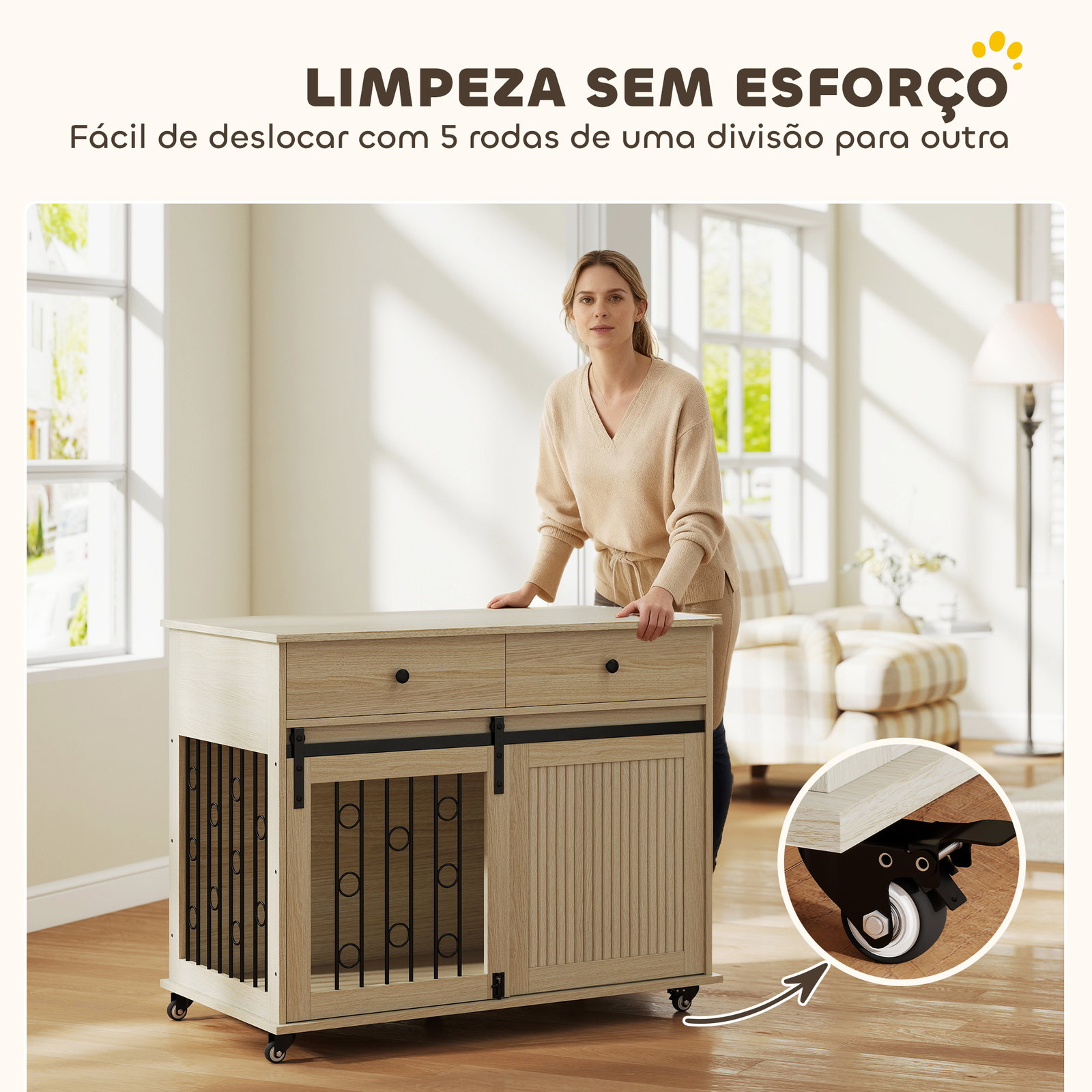 Gaiola para cães médios e grandes mesa de apoio moderna com 2 gavetas 2 portas e fecho 100x56x81 cm carvalho
