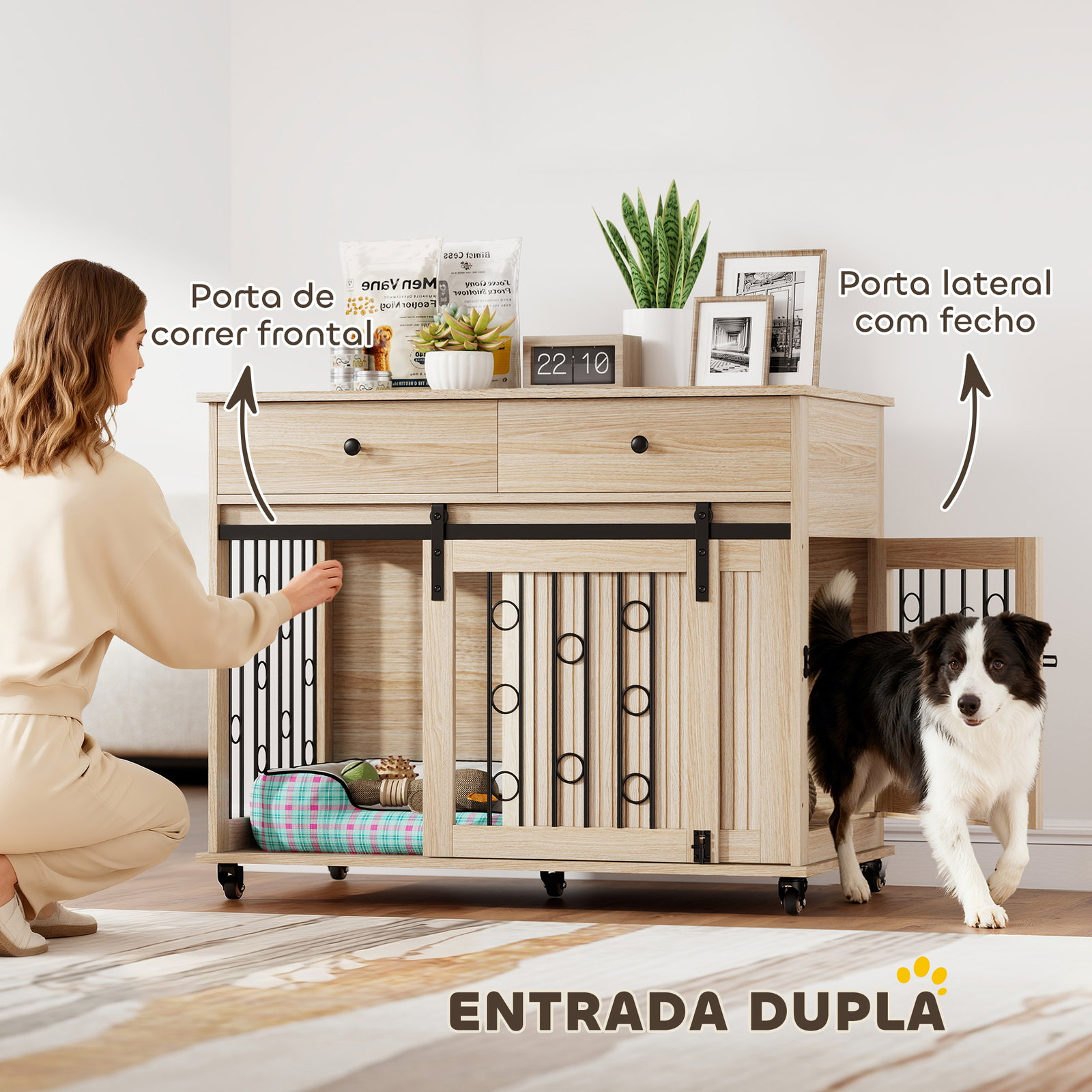 Gaiola para cães médios e grandes mesa de apoio moderna com 2 gavetas 2 portas e fecho 100x56x81 cm carvalho