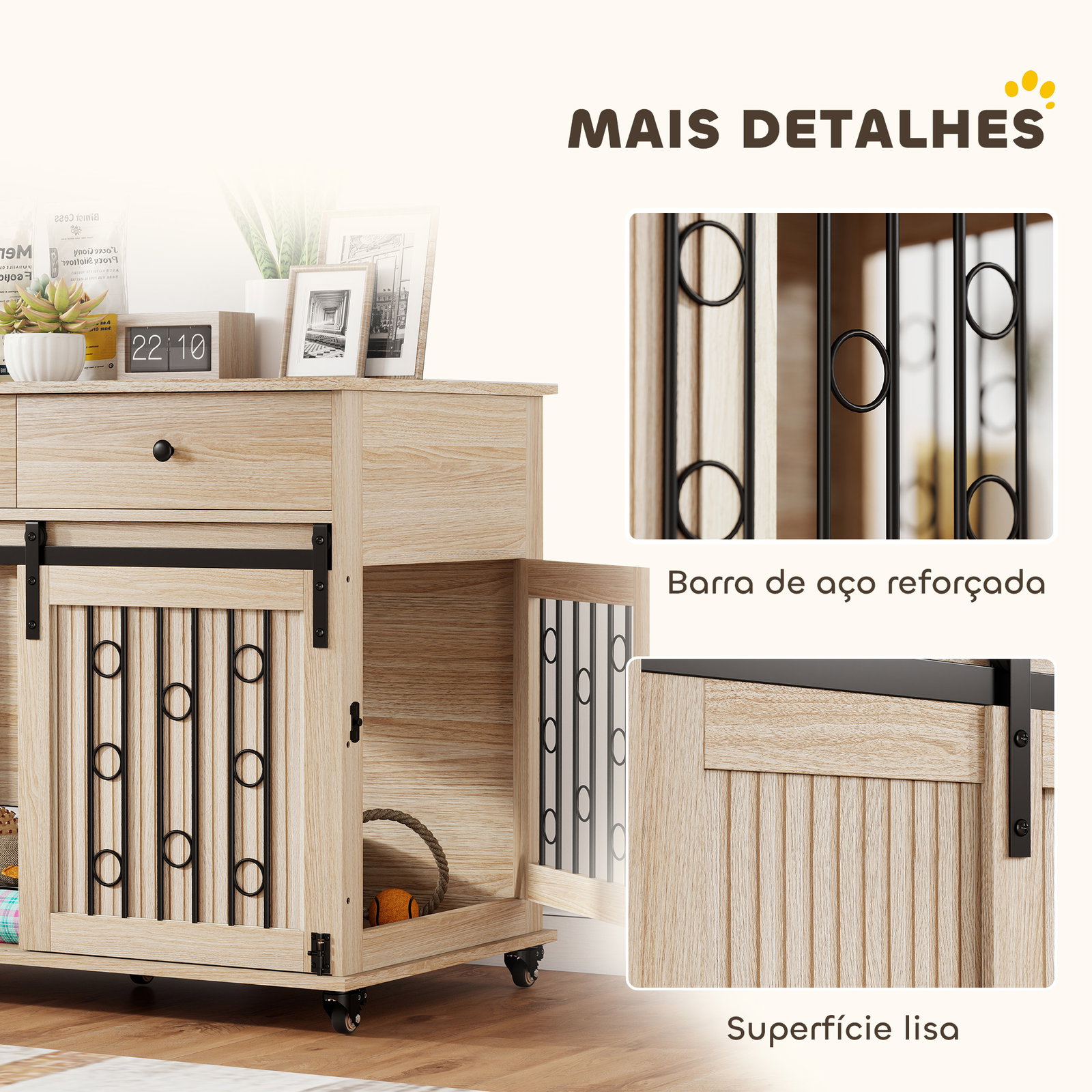 Gaiola para cães médios e grandes mesa de apoio moderna com 2 gavetas 2 portas e fecho 100x56x81 cm carvalho