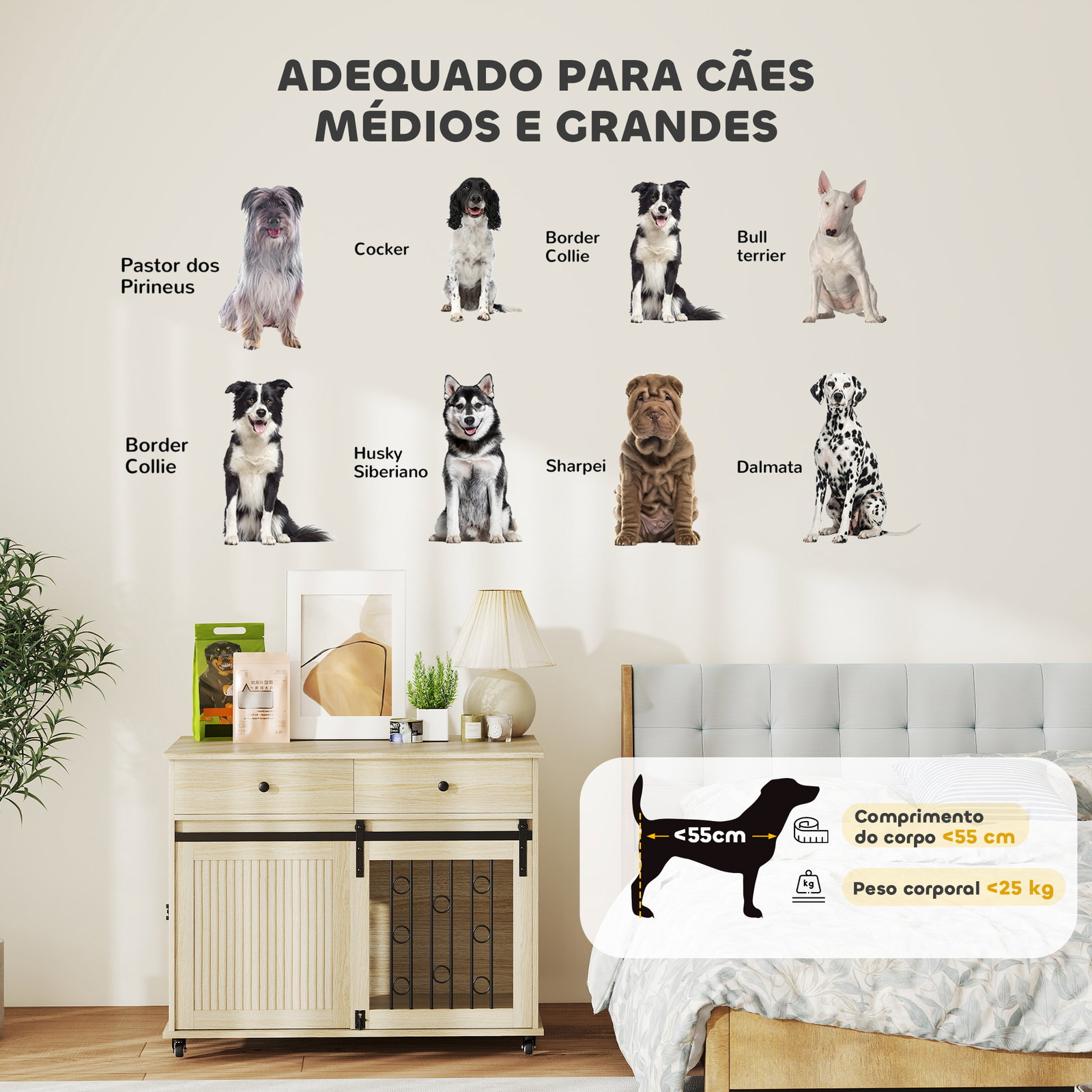Gaiola para cães médios e grandes mesa de apoio moderna com 2 gavetas 2 portas e fecho 100x56x81 cm carvalho