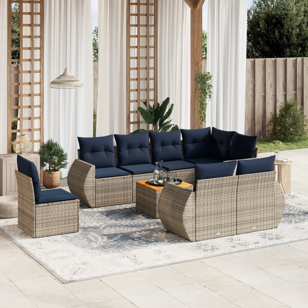 Conjunto de sofá de jardim de 9 peças com almofadas em rattan sintético cinza