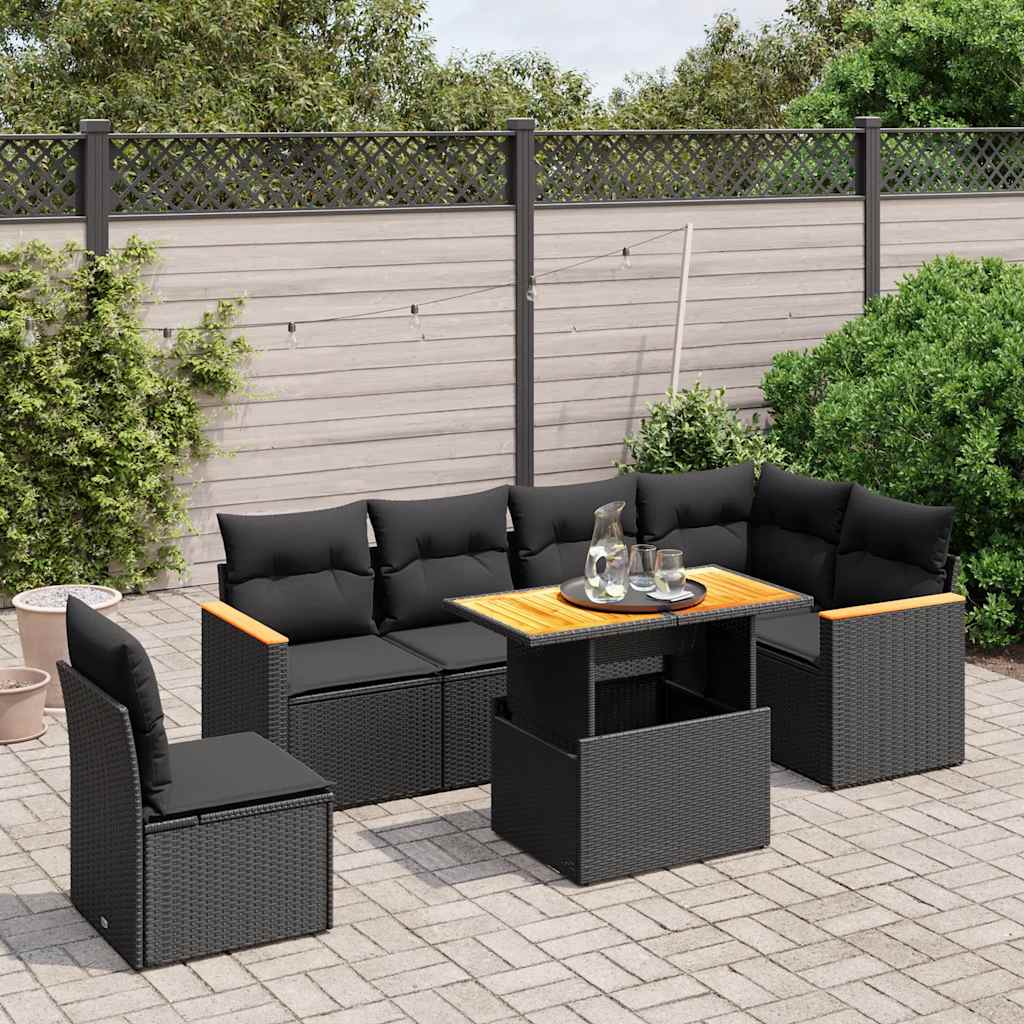 7 Pcs conjunto de sofás p/ jardim c/ almofadões vime PE preto