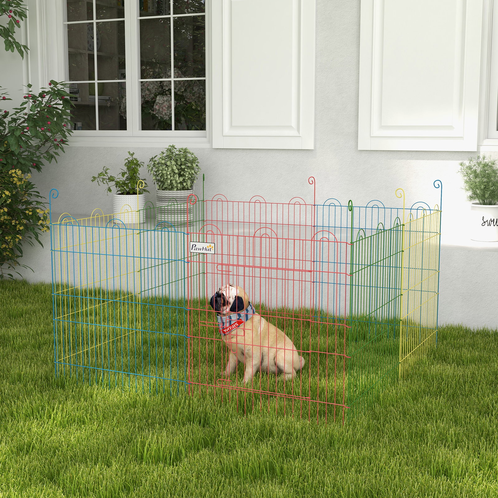 Parque dobrável para cães 8 painéis ø156x60 cm cercado metálico com porta estacas interior exterior multicolor