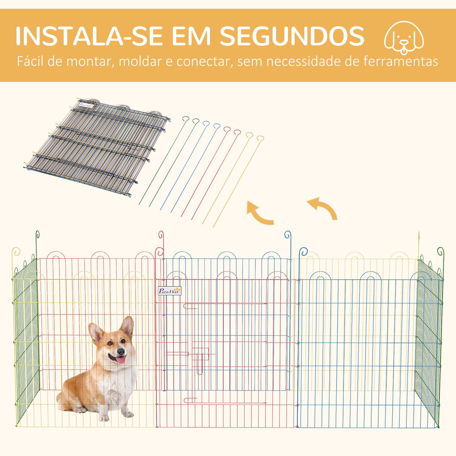 Parque dobrável para cães 8 painéis ø156x60 cm cercado metálico com porta estacas interior exterior multicolor