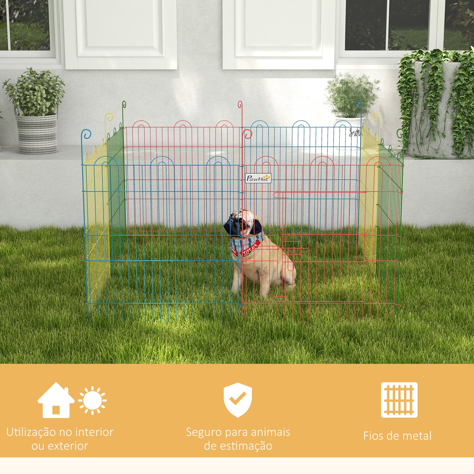 Parque dobrável para cães 8 painéis ø156x60 cm cercado metálico com porta estacas interior exterior multicolor