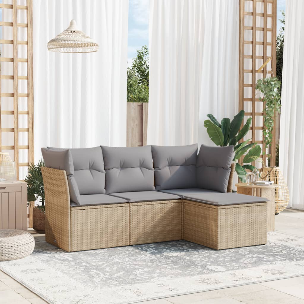 4 Pcs conjunto de sofás para jardim c/ almofadões vime PE bege