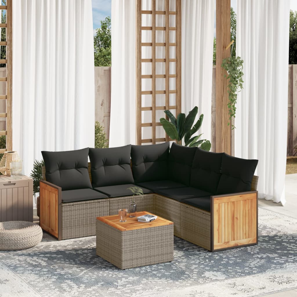 6 Pcs conjunto sofás de jardim com almofadões vime cinzento
