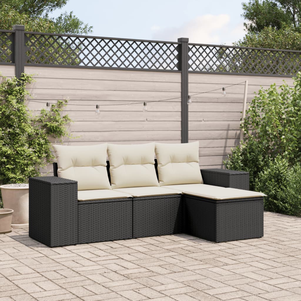 4 Pcs conjunto de sofás para jardim c/ almofadões vime PE preto