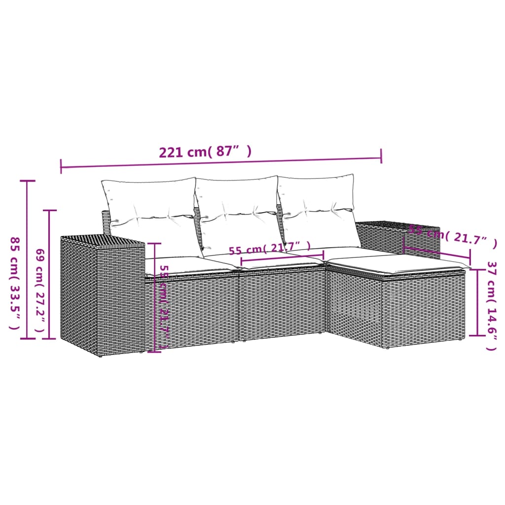 4 Pcs conjunto de sofás para jardim c/ almofadões vime PE preto