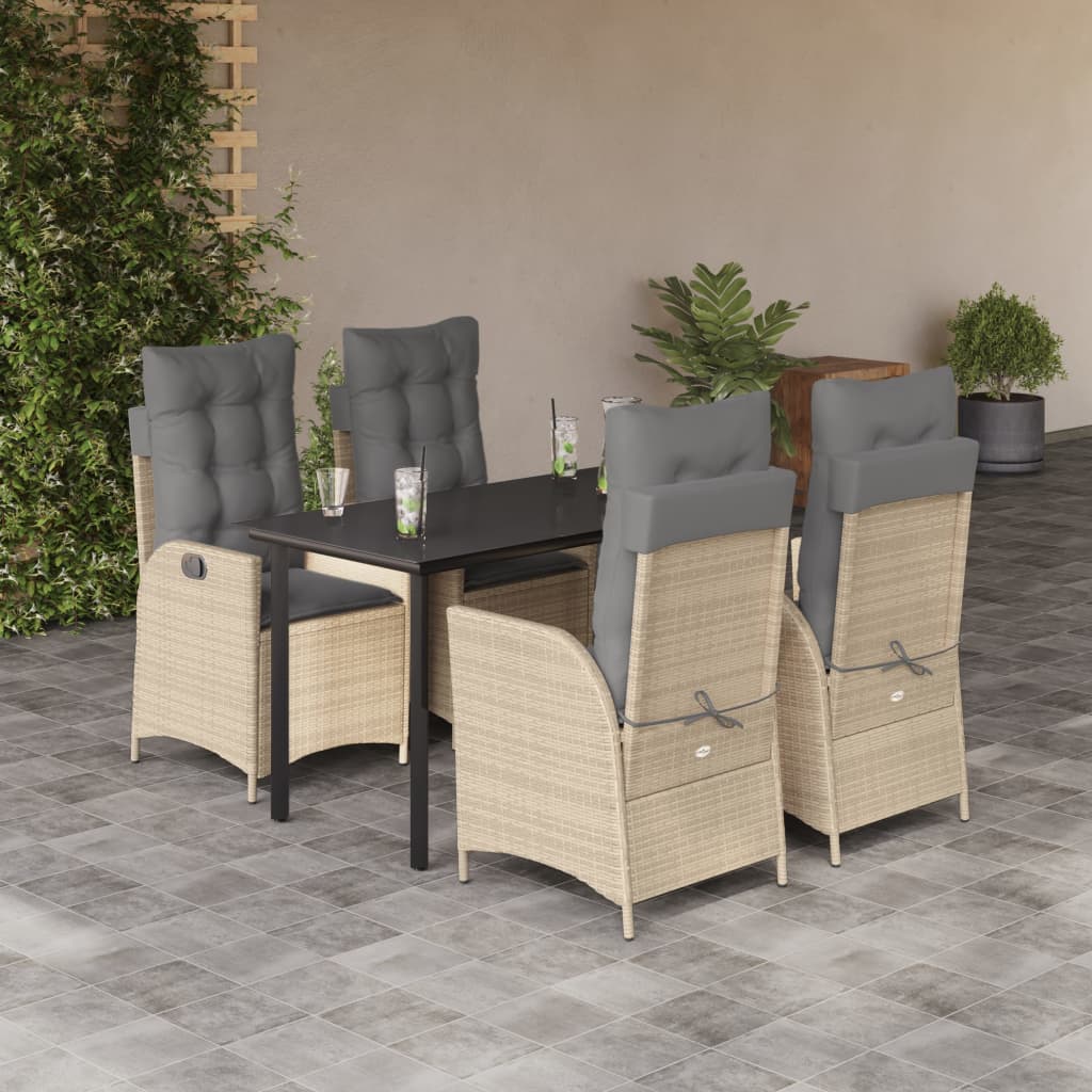 5 Pcs conjunto de jantar p/ jardim com almofadões vime PE bege