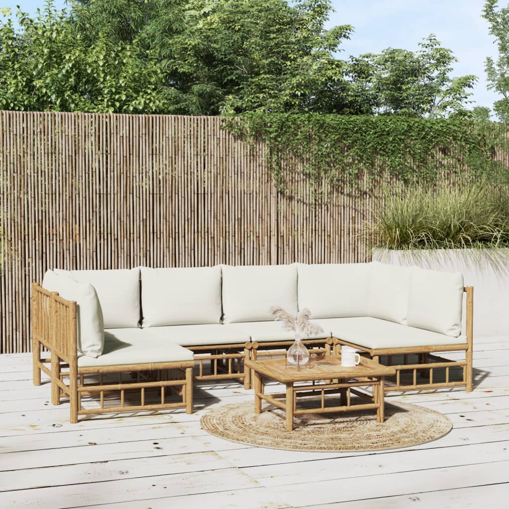 7 Pcs conjunto lounge de jardim bambu c/ almofadões branco nata