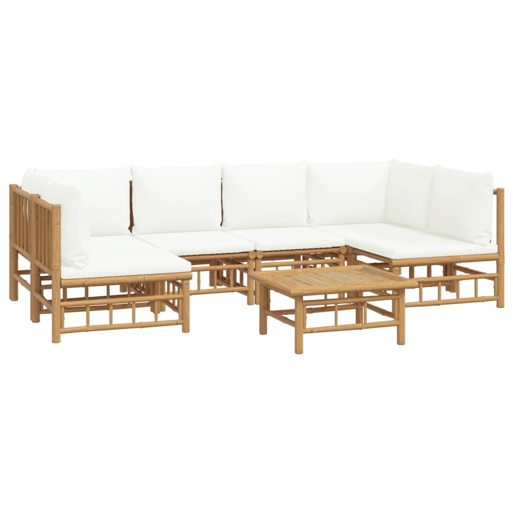 7 Pcs conjunto lounge de jardim bambu c/ almofadões branco nata