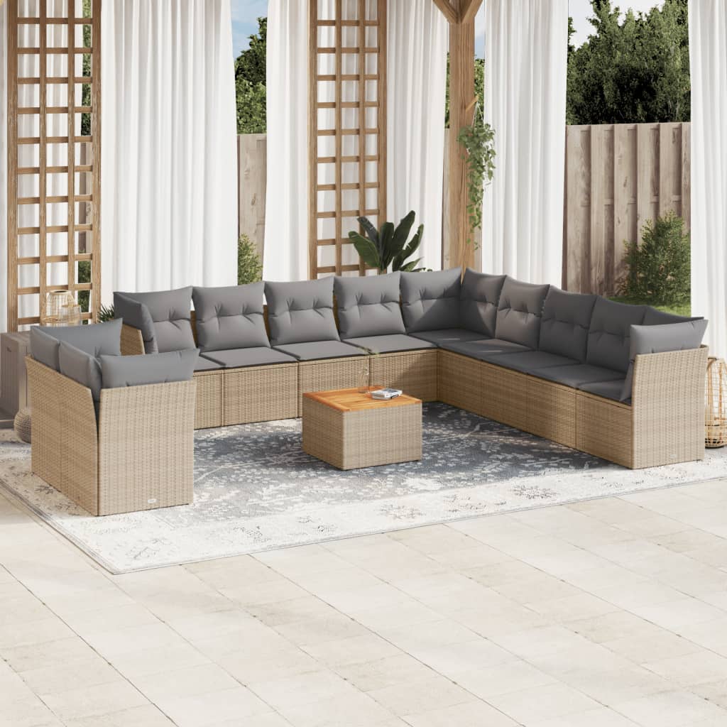 12 Pcs conj. sofás jardim c/ almofadões vime PE bege misturado