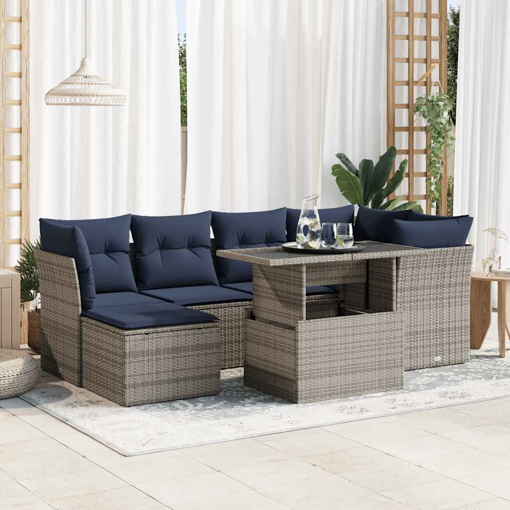 7 Pcs conjunto sofás jardim almofadões vime PE/acácia cinzento