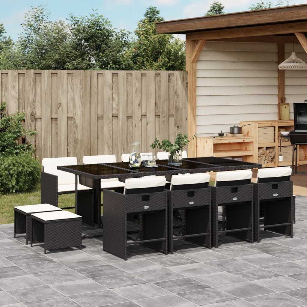 13 Pcs conjunto de jantar p/jardim com almofadões vime PE preto
