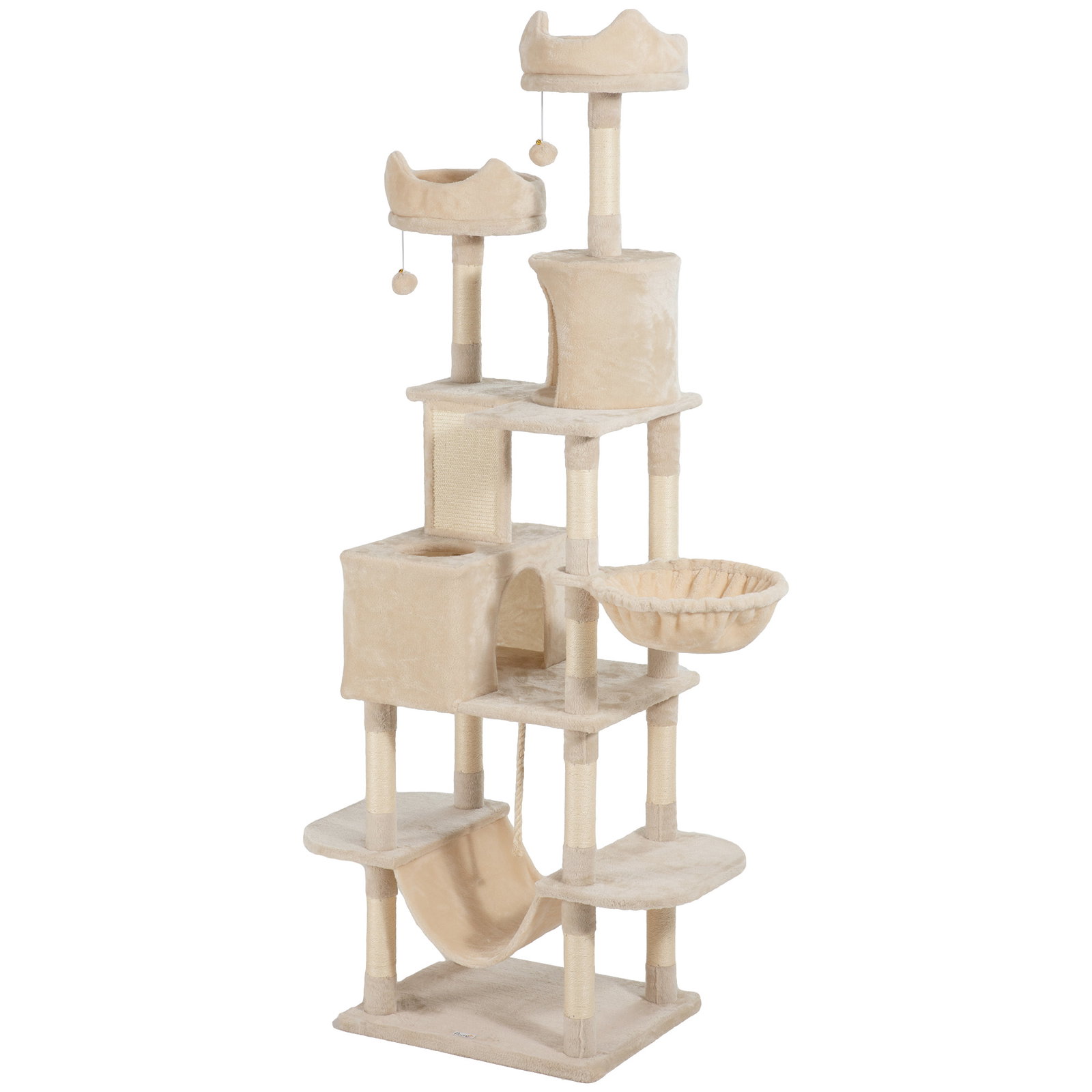Arranhador para gatos grande altura 173 cm torre para gatos com plataformas caverna bolas suspensa e rede bege