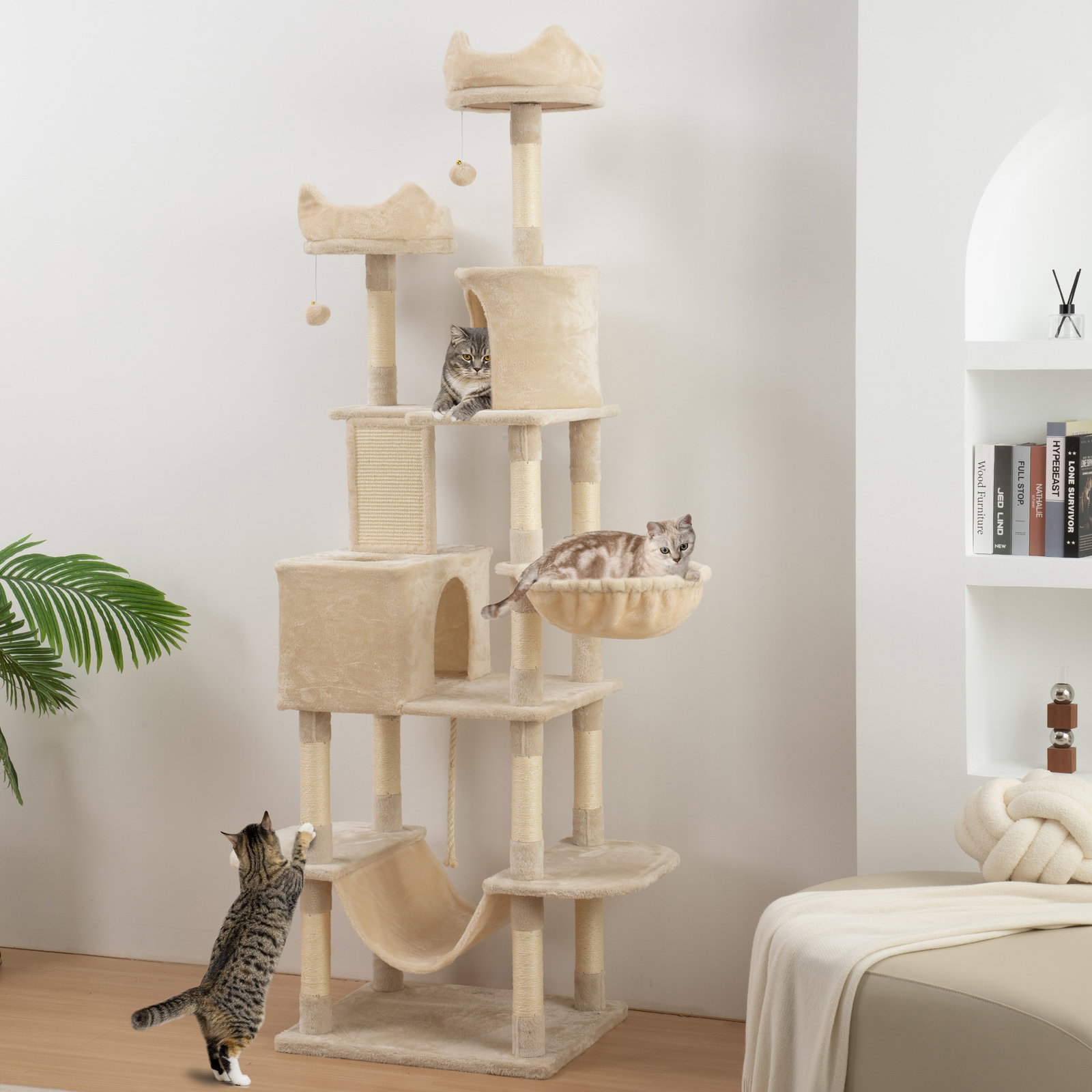 Arranhador para gatos grande altura 173 cm torre para gatos com plataformas caverna bolas suspensa e rede bege