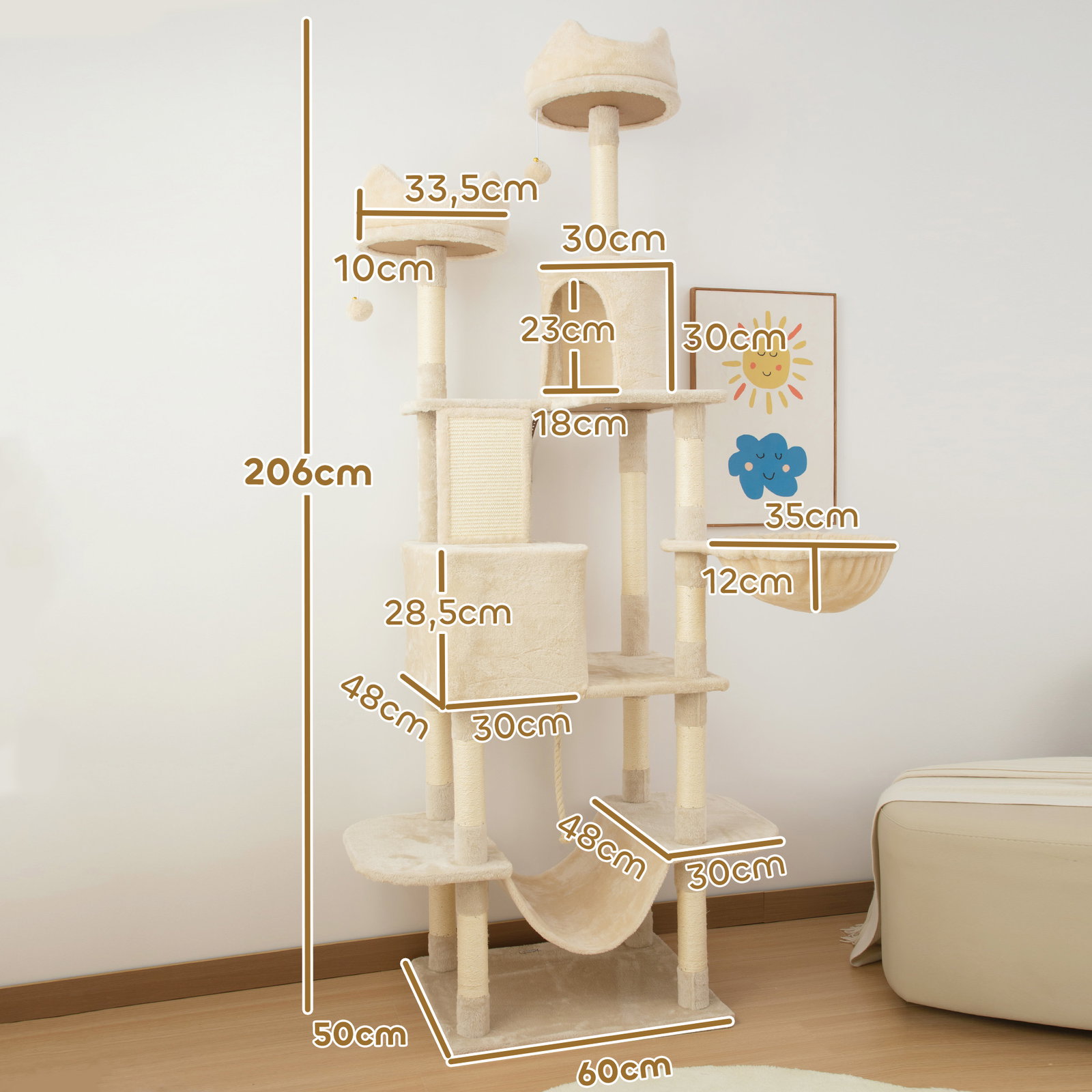 Arranhador para gatos grande altura 173 cm torre para gatos com plataformas caverna bolas suspensa e rede bege