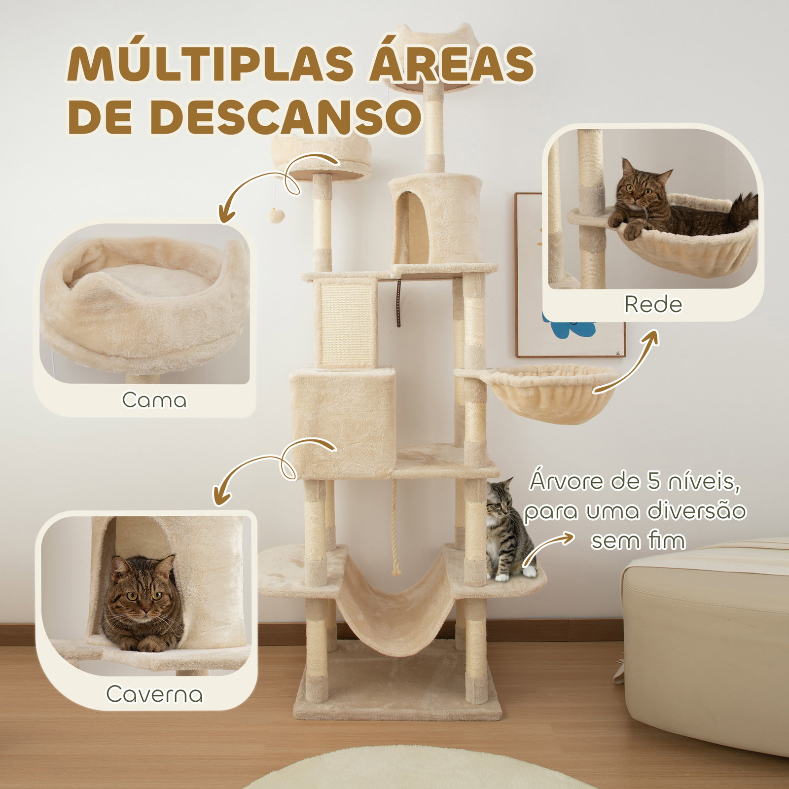 Arranhador para gatos grande altura 173 cm torre para gatos com plataformas caverna bolas suspensa e rede bege