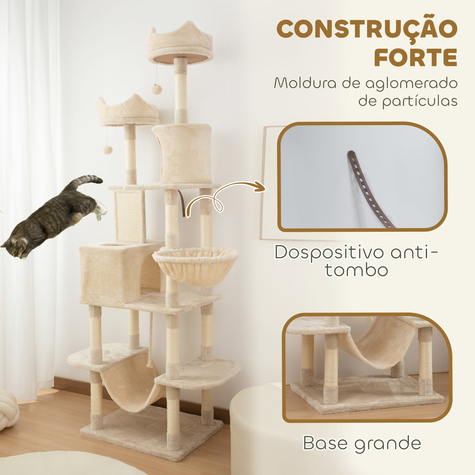 Arranhador para gatos grande altura 173 cm torre para gatos com plataformas caverna bolas suspensa e rede bege