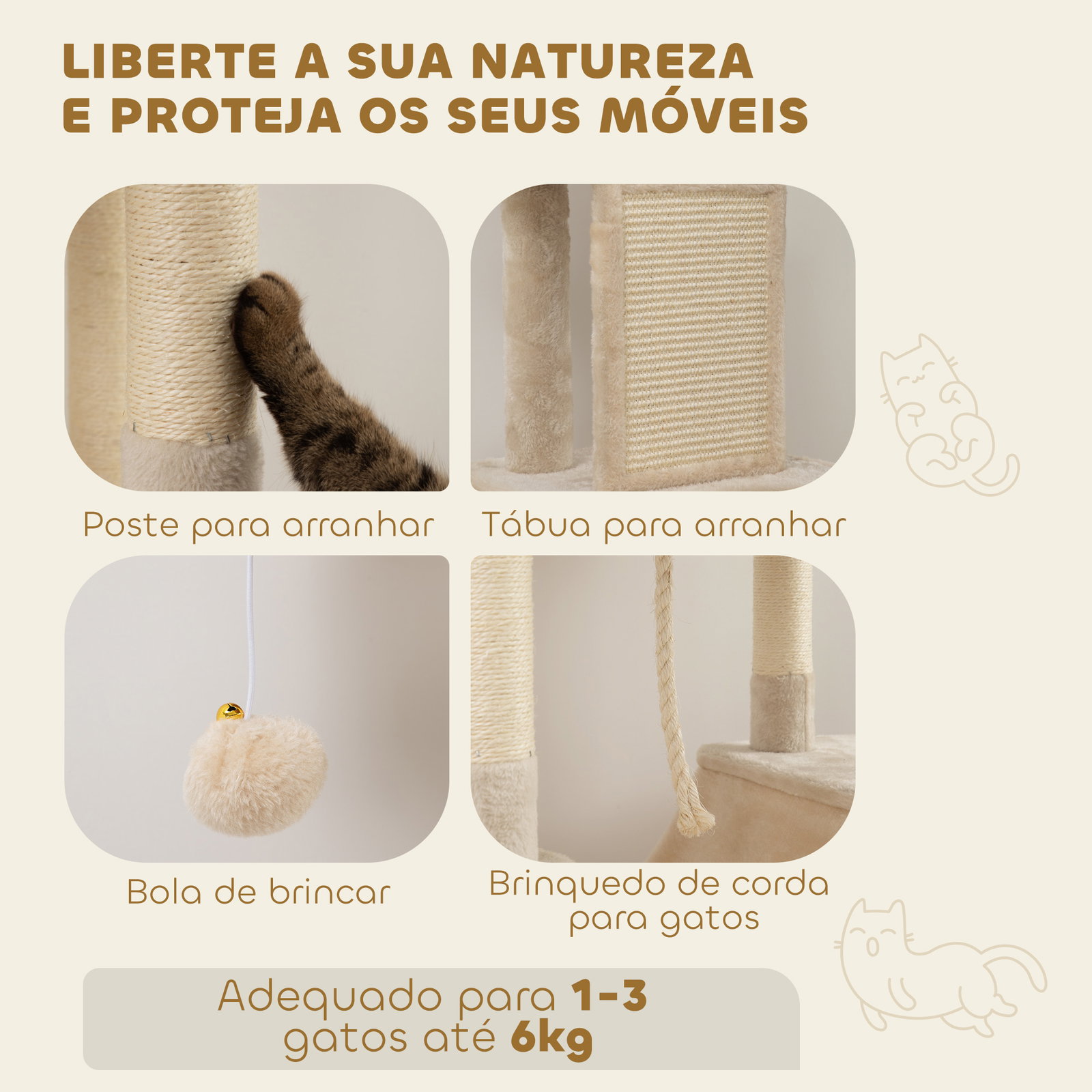 Arranhador para gatos grande altura 173 cm torre para gatos com plataformas caverna bolas suspensa e rede bege