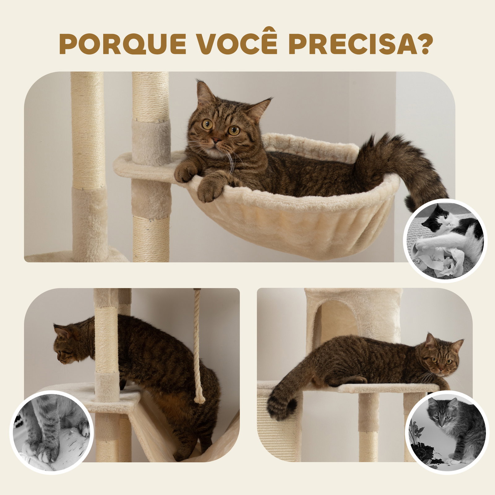 Arranhador para gatos grande altura 173 cm torre para gatos com plataformas caverna bolas suspensa e rede bege