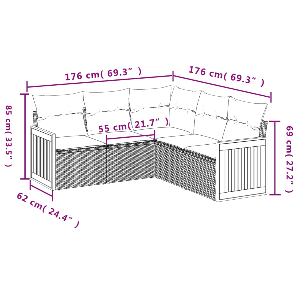 5 Pcs conjunto de sofás p/ jardim com almofadões vime PE bege