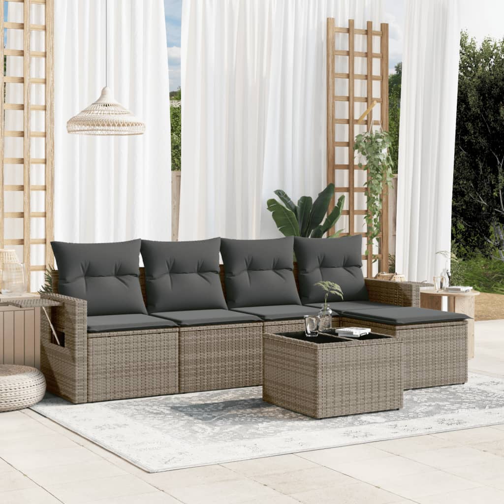6 Pcs conjunto sofás de jardim com almofadões vime cinzento
