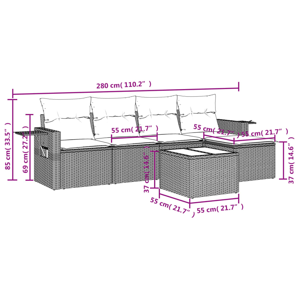 6 Pcs conjunto sofás de jardim com almofadões vime cinzento