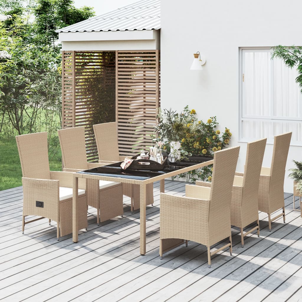 7 Pcs conjunto de jantar p/ jardim com almofadões vime PE bege