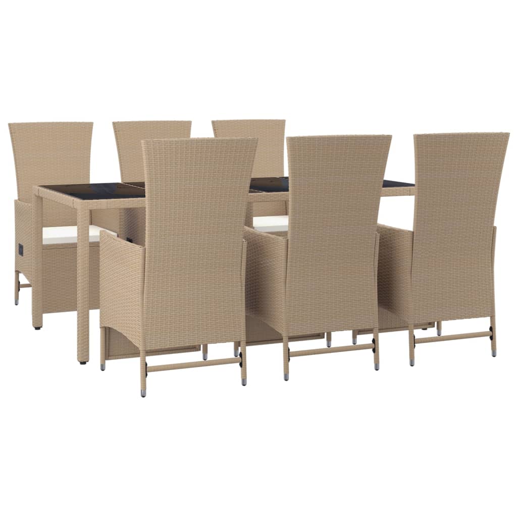 7 Pcs conjunto de jantar p/ jardim com almofadões vime PE bege