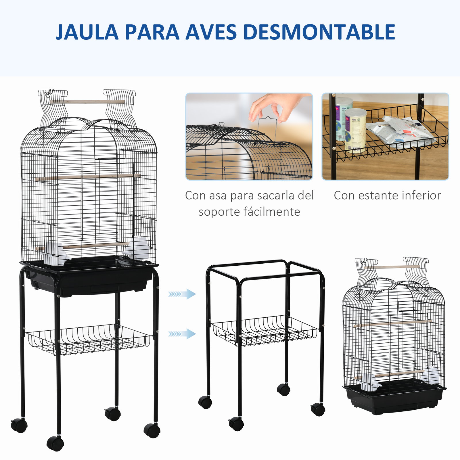 Gaiola para Passáros com Suporte Gaiola com 4 Rodas Teto com Abertura 2 Comedouros 3 Poleiros Bandeja Removível e Prateleira Inf