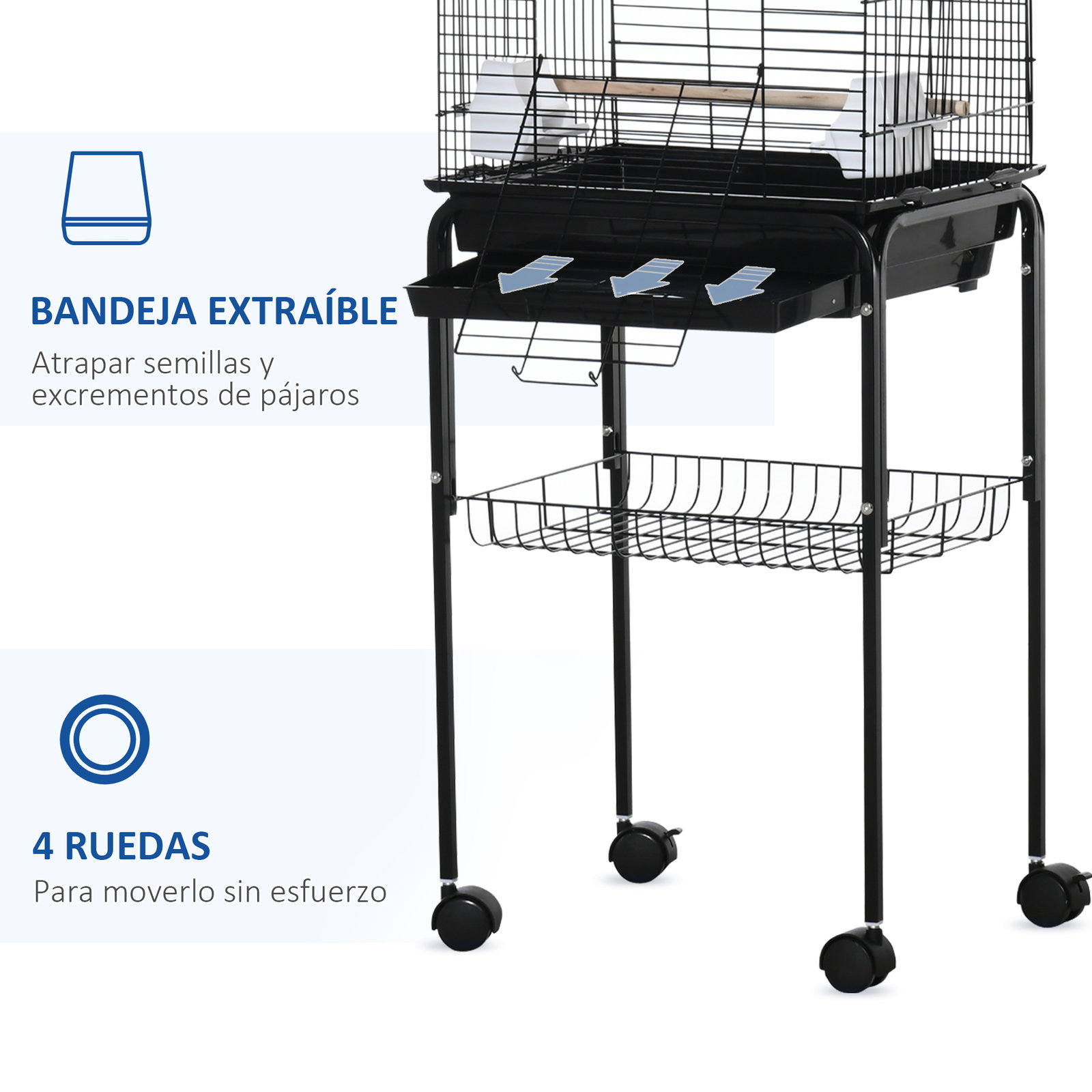 Gaiola para Passáros com Suporte Gaiola com 4 Rodas Teto com Abertura 2 Comedouros 3 Poleiros Bandeja Removível e Prateleira Inf