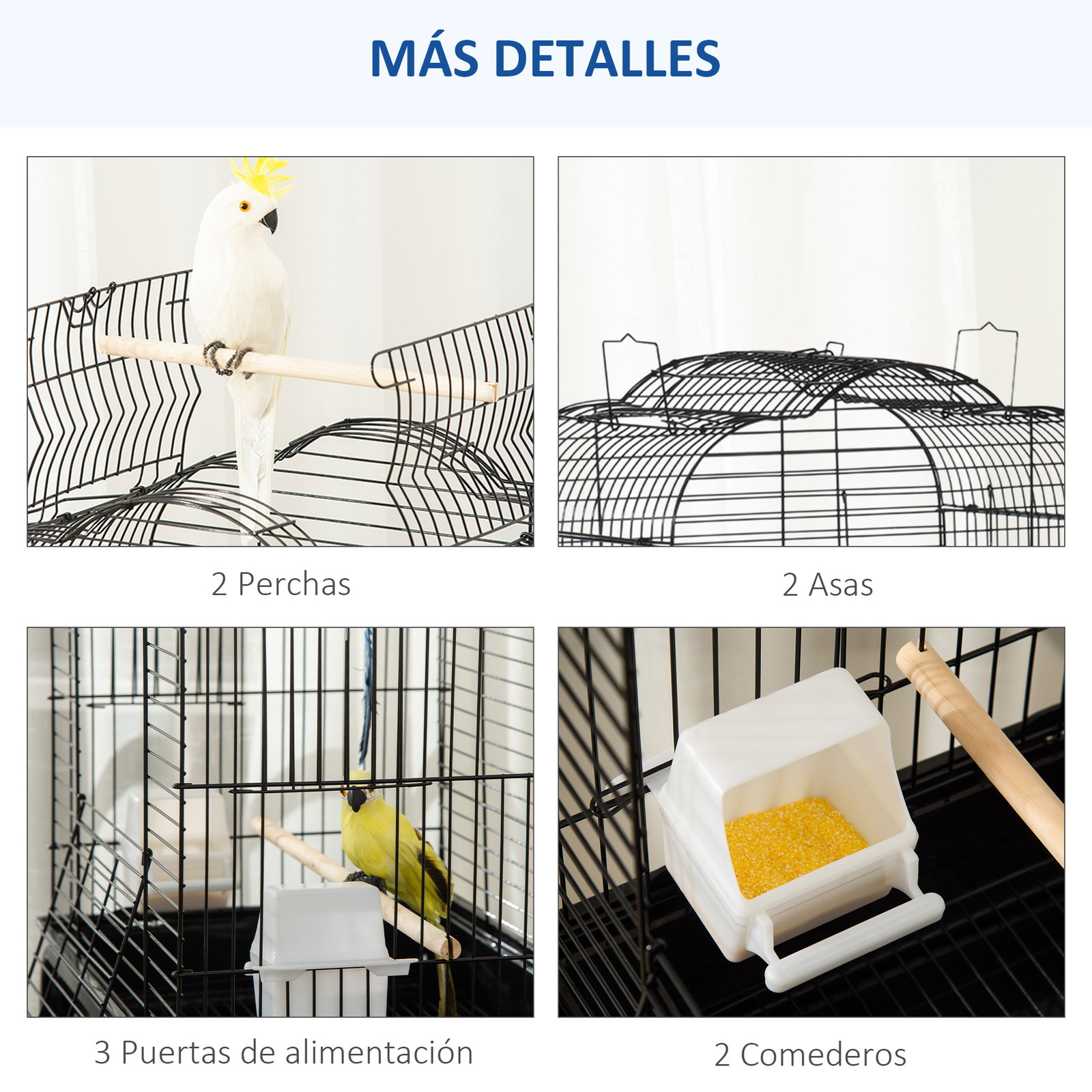 Gaiola para Passáros com Suporte Gaiola com 4 Rodas Teto com Abertura 2 Comedouros 3 Poleiros Bandeja Removível e Prateleira Inf