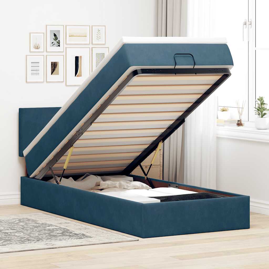 Estrutura de cama otomana com colchão azul escuro veludo