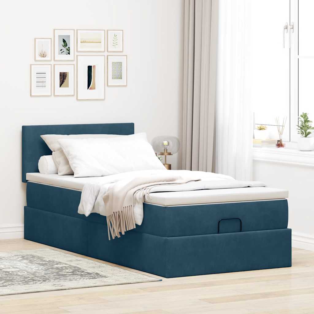 Estrutura de cama otomana com colchão azul escuro veludo