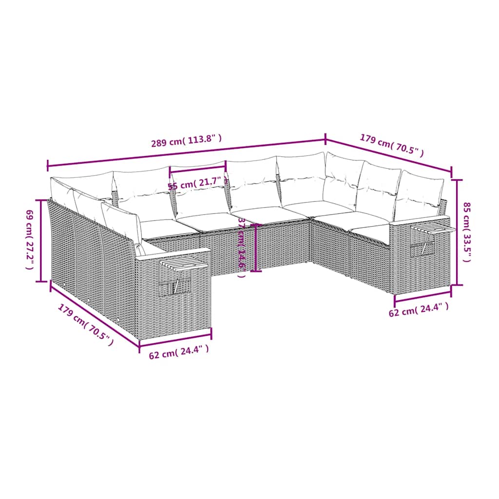 9 Pcs conjunto de sofás p/ jardim c/ almofadões vime PE preto
